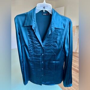 Vintage Georgiou Studio Silk Pintuck Blouse Y2K Deep Teal Mallard Green Size 4